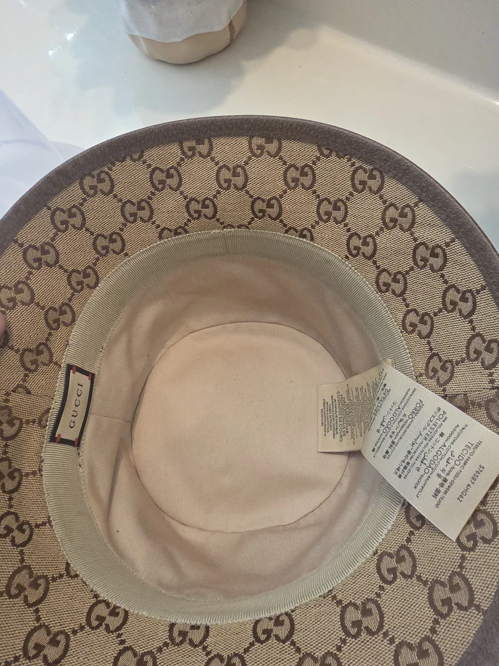 Gucci Beige Brown Monogram Canvas Bucket Hat with Gold Double G